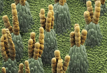 Microscopic view of trichomes and plant surface cells